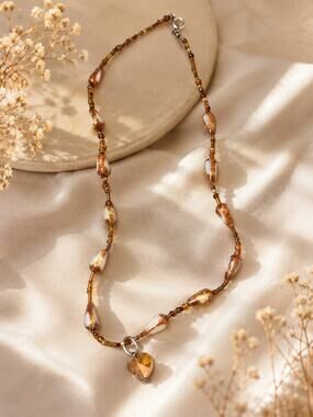 Vintage Amber Heart Pendant Beaded Necklace Brown Cream Boho Jewelry